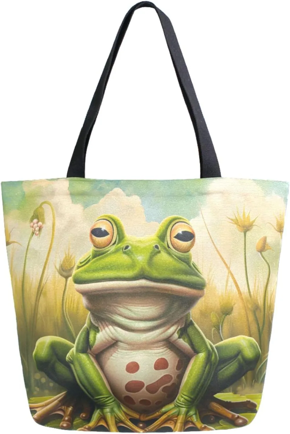 Extra Large Canvas Shoulder Tote Bag, Fairy Tales Funny Frog on Lotus Leaf Durable Daily Womens Handle Bag for Gym Yoga Weekender Picnic Beach Travel Kitchen Reusable Market Grocery Shopping