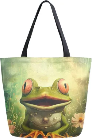 Extra Large Canvas Shoulder Tote Bag, Fairy Tales Lovely Frog Flowers Durable Daily Womens Handle Bag for Gym Yoga Weekender Picnic Beach Travel Kitchen Reusable Market Grocery Shopping