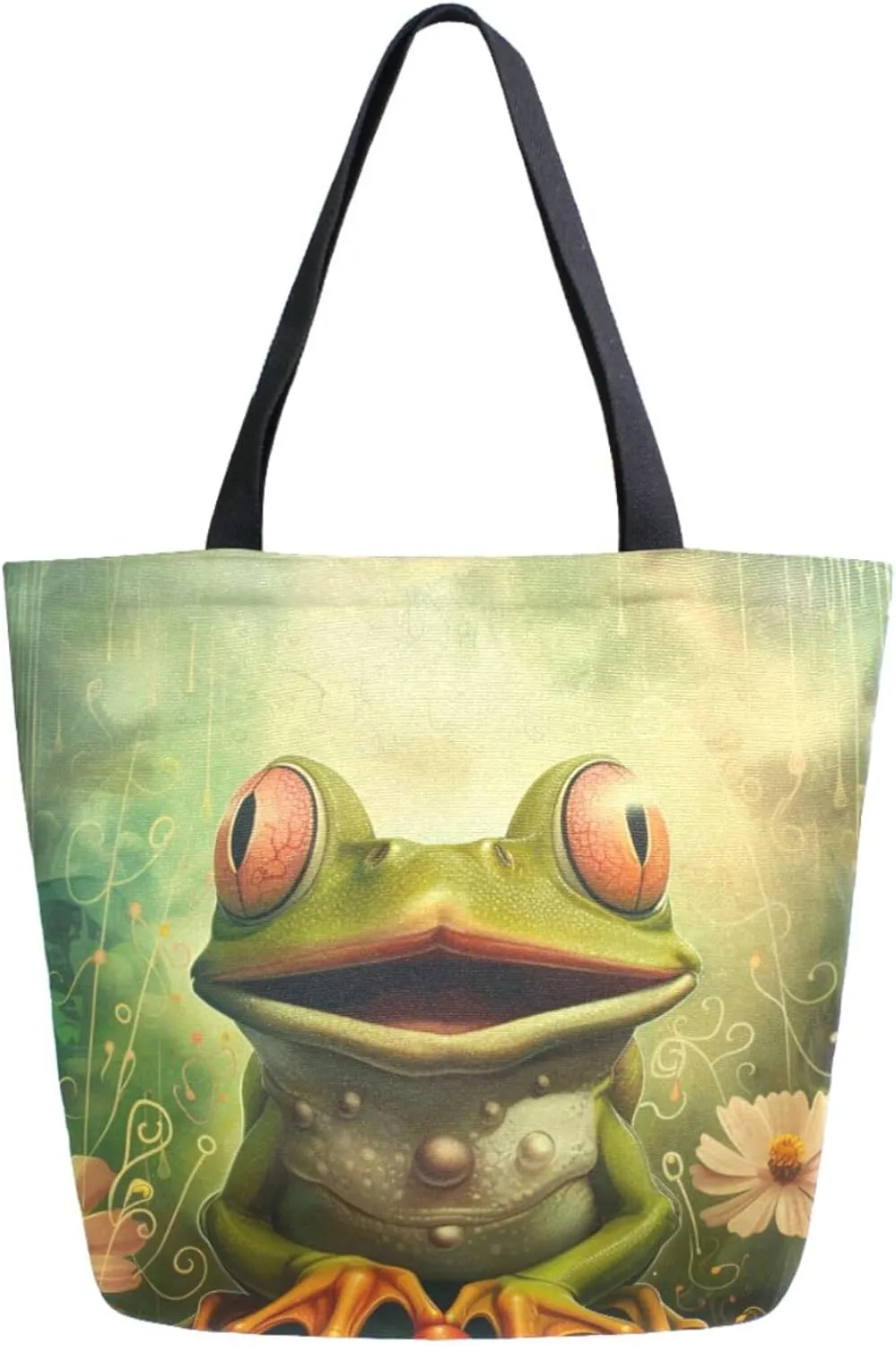 Extra Large Canvas Shoulder Tote Bag, Fairy Tales Lovely Frog Flowers Durable Daily Womens Handle Bag for Gym Yoga Weekender Picnic Beach Travel Kitchen Reusable Market Grocery Shopping
