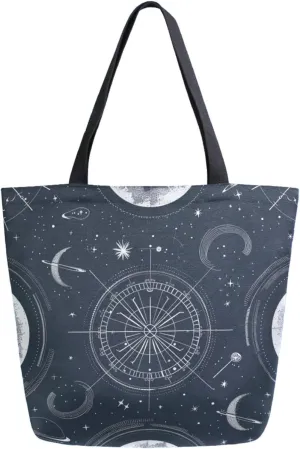 Extra Large Canvas Shoulder Tote Bag, Mystical Astrology Zodiac Stars Blue Durable Daily Womens Handle Bag for Gym Yoga Weekender Picnic Beach Travel Kitchen Reusable Market Grocery Shopping
