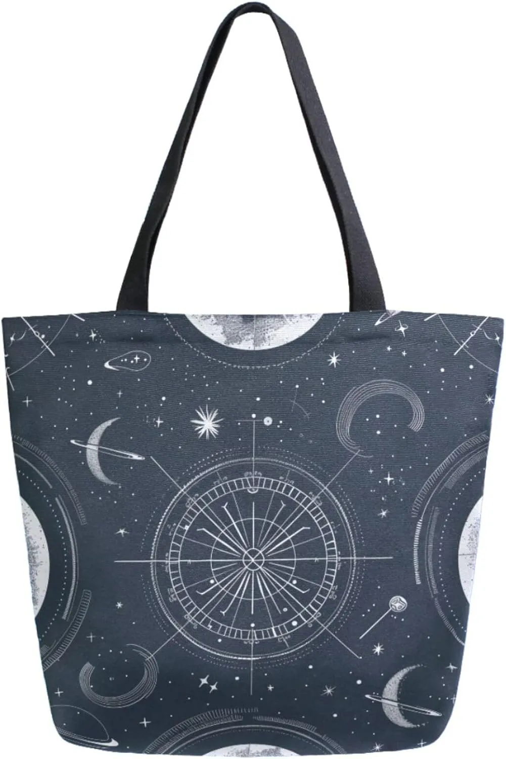 Extra Large Canvas Shoulder Tote Bag, Mystical Astrology Zodiac Stars Blue Durable Daily Womens Handle Bag for Gym Yoga Weekender Picnic Beach Travel Kitchen Reusable Market Grocery Shopping