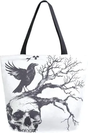 Extra Large Canvas Shoulder Tote Bag, Skull Tree Branch Crow Halloween Durable Daily Womens Handle Bag for Gym Yoga Weekender Picnic Beach Travel Kitchen Reusable Market Grocery Shopping