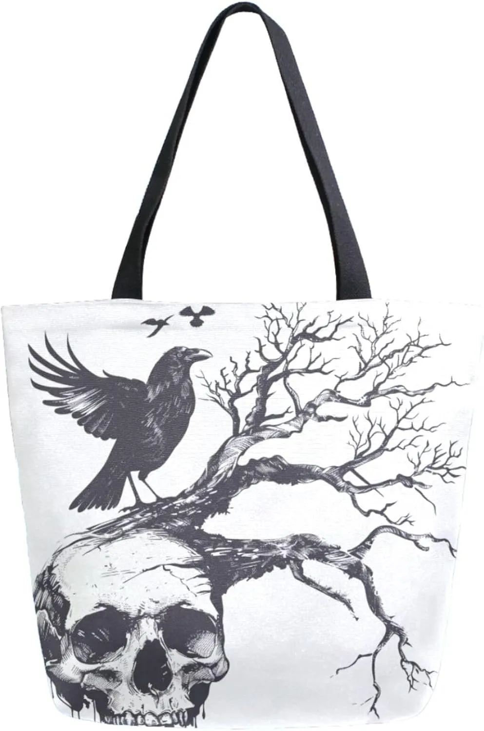 Extra Large Canvas Shoulder Tote Bag, Skull Tree Branch Crow Halloween Durable Daily Womens Handle Bag for Gym Yoga Weekender Picnic Beach Travel Kitchen Reusable Market Grocery Shopping