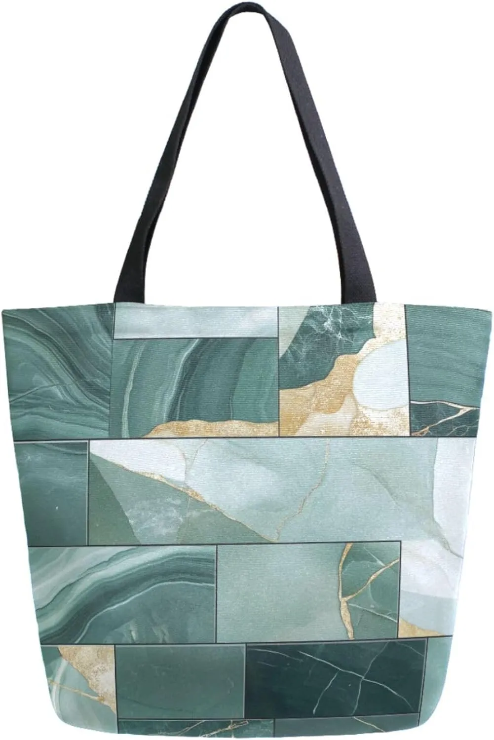 Extra Large Shoulder Grocery Tote Bag, Abstract Art Green Check Marble Texture Canvas Durable Daily Handle Bag Reusable for Gym Weekender Picnic Yoga Beach Travel Kitchen Market Shopping