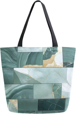 Extra Large Shoulder Grocery Tote Bag, Abstract Art Green Check Marble Texture Canvas Durable Daily Handle Bag Reusable for Gym Weekender Picnic Yoga Beach Travel Kitchen Market Shopping