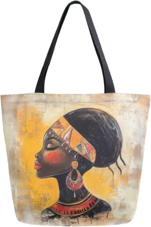 Extra Large Shoulder Grocery Tote Bag, Beautiful African Native Woman Canvas Durable Daily Handle Bag Reusable for Gym Weekender Picnic Yoga Beach Travel Kitchen Market Shopping