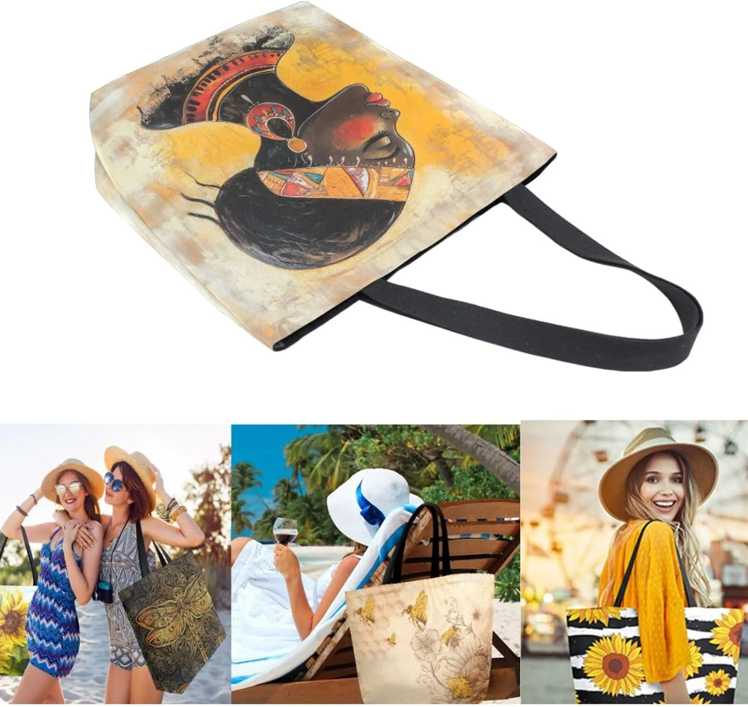 Extra Large Shoulder Grocery Tote Bag, Beautiful African Native Woman Canvas Durable Daily Handle Bag Reusable for Gym Weekender Picnic Yoga Beach Travel Kitchen Market Shopping