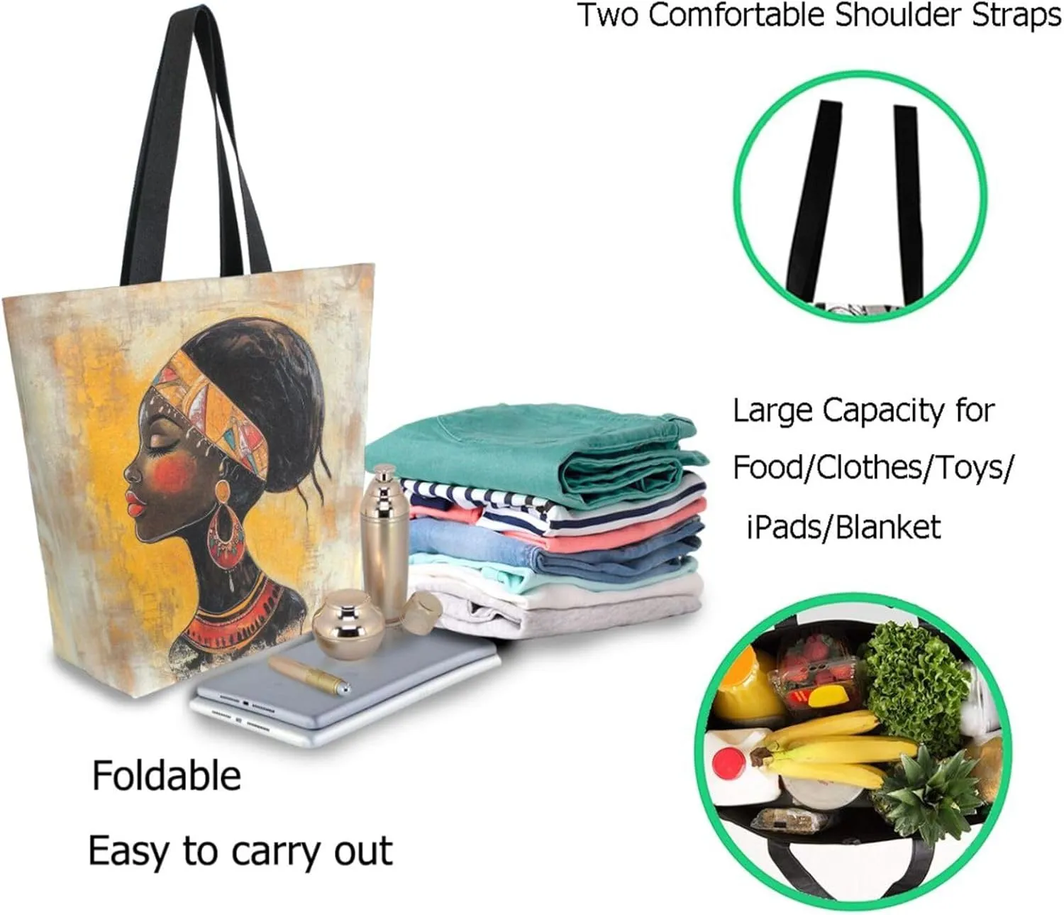Extra Large Shoulder Grocery Tote Bag, Beautiful African Native Woman Canvas Durable Daily Handle Bag Reusable for Gym Weekender Picnic Yoga Beach Travel Kitchen Market Shopping