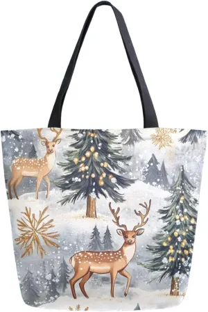 Extra Large Shoulder Grocery Tote Bag, Beautiful Snowflakes Christmas Trees Deers Canvas Durable Daily Handle Bag Reusable for Gym Weekender Picnic Yoga Beach Travel Kitchen Market Shopping
