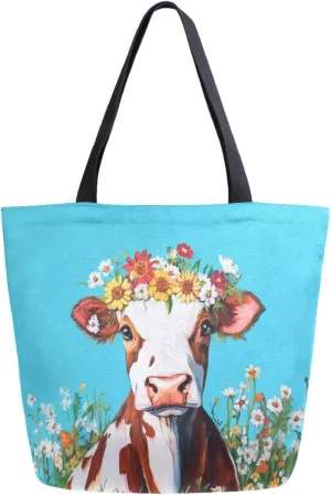 Extra Large Shoulder Grocery Tote Bag, Farm Cow with Flowers Painting Canvas Durable Daily Handle Bag Reusable for Gym Weekender Picnic Yoga Beach Travel Kitchen Market Shopping