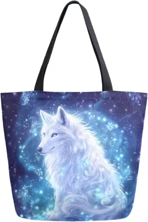 Extra Large Shoulder Grocery Tote Bag, Magic Space Blue Eye White Wolf Canvas Durable Daily Handle Bag Reusable for Gym Weekender Picnic Yoga Beach Travel Kitchen Market Shopping