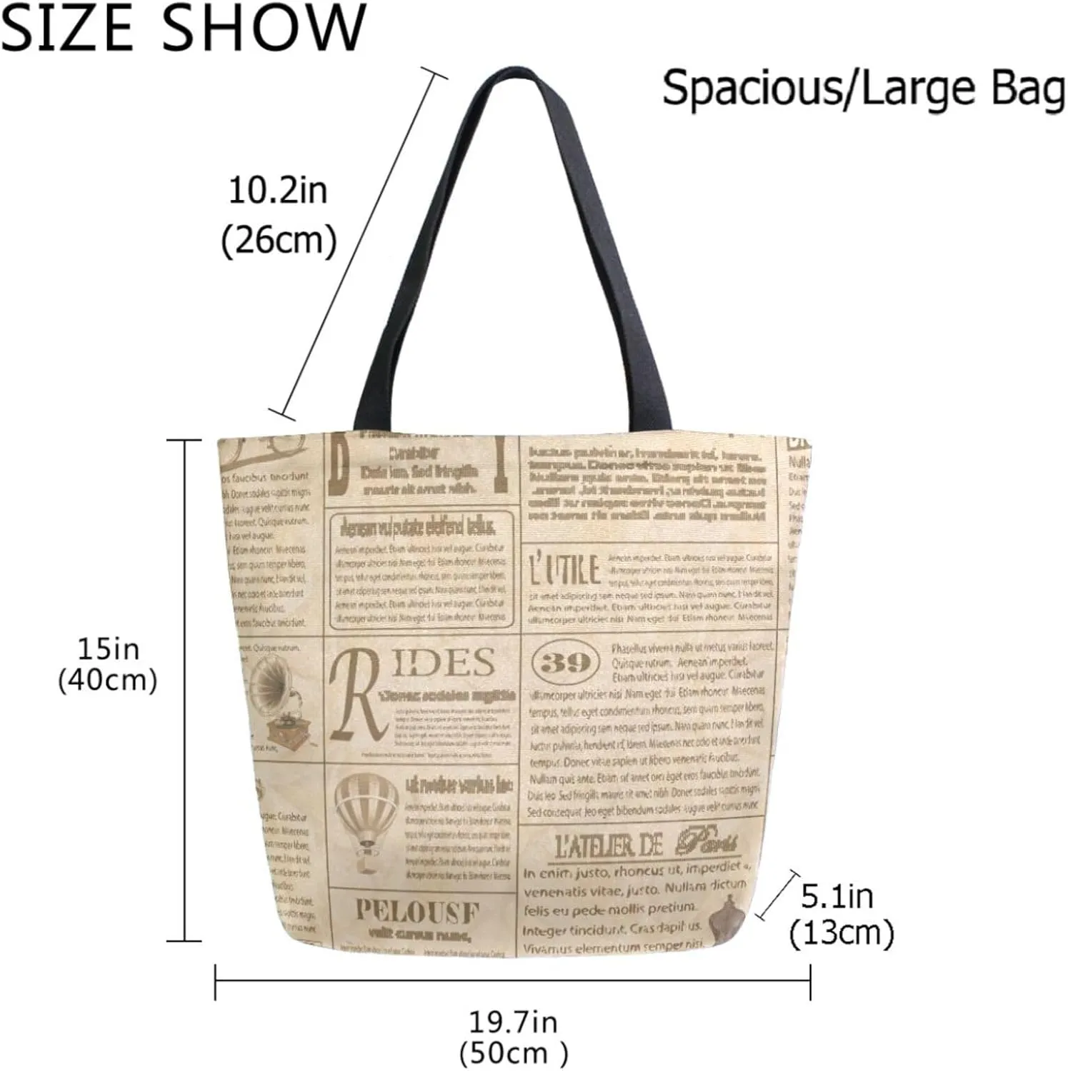 Extra Large Shoulder Grocery Tote Bag, Retro Old Newspapers Pattern Canvas Durable Daily Handle Bag Reusable for Gym Weekender Picnic Yoga Beach Travel Kitchen Market Shopping