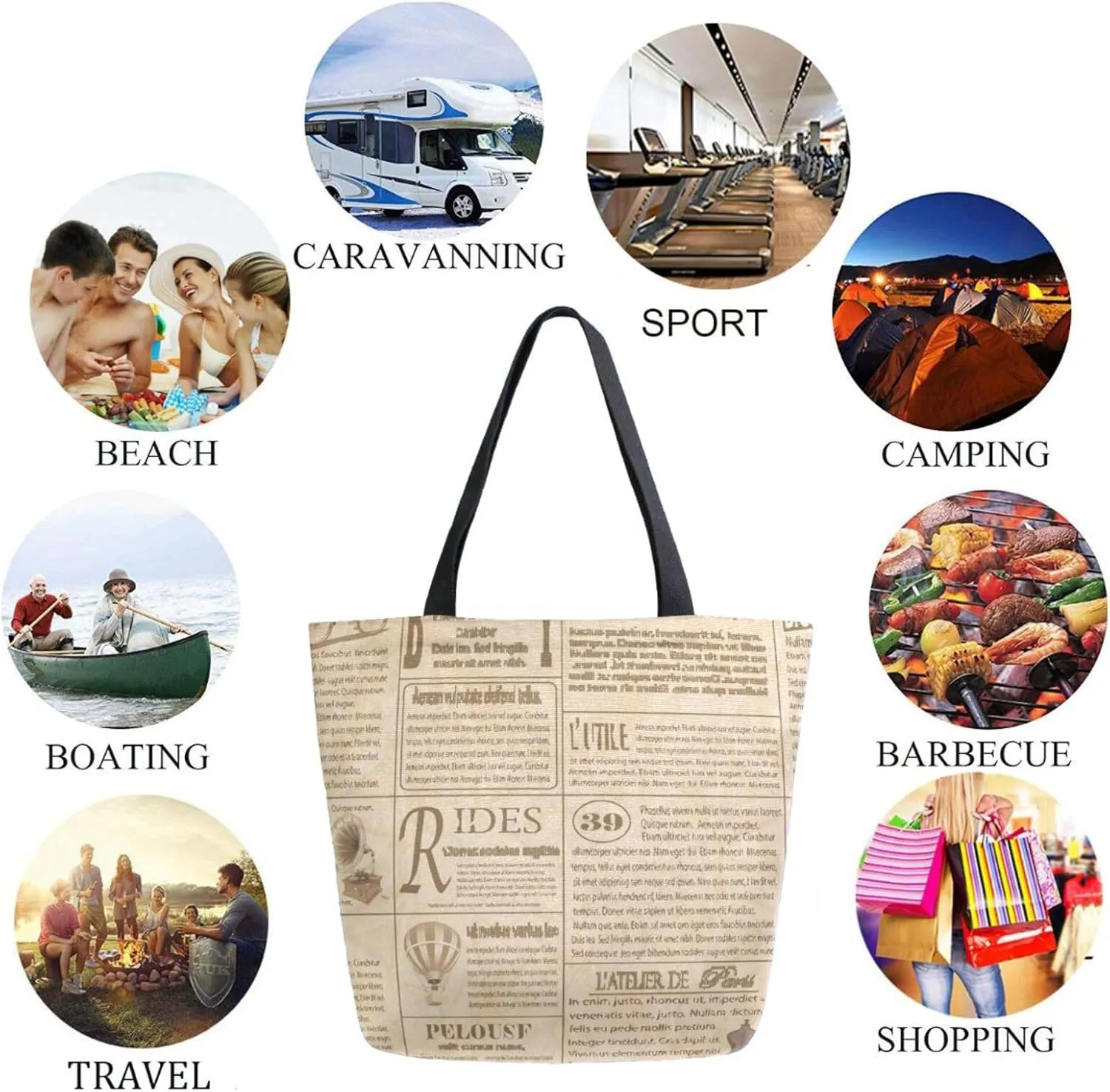 Extra Large Shoulder Grocery Tote Bag, Retro Old Newspapers Pattern Canvas Durable Daily Handle Bag Reusable for Gym Weekender Picnic Yoga Beach Travel Kitchen Market Shopping