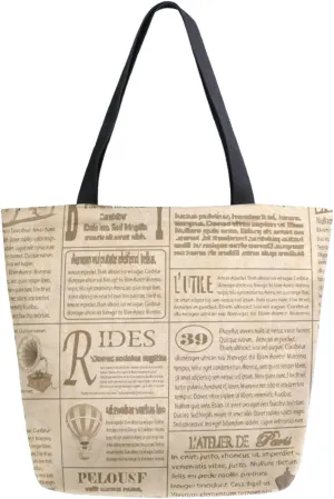 Extra Large Shoulder Grocery Tote Bag, Retro Old Newspapers Pattern Canvas Durable Daily Handle Bag Reusable for Gym Weekender Picnic Yoga Beach Travel Kitchen Market Shopping