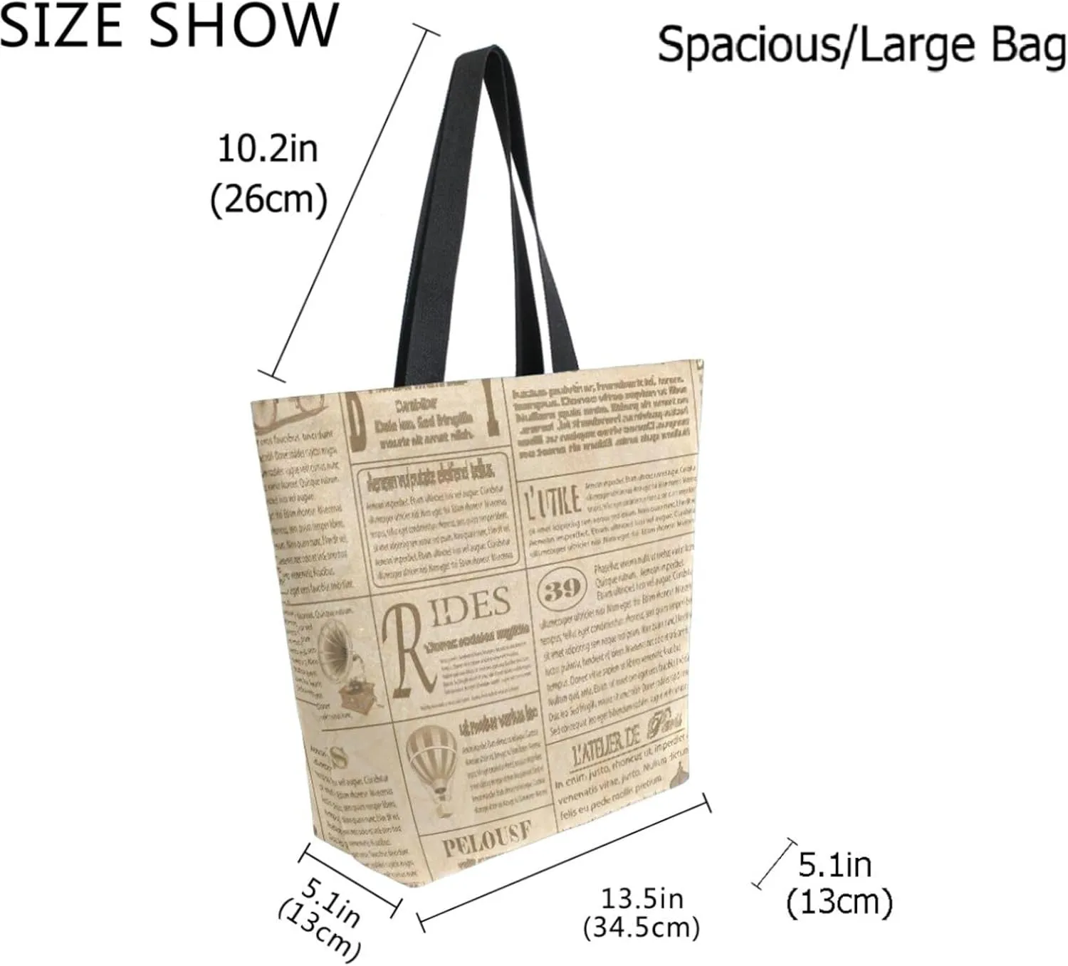 Extra Large Shoulder Grocery Tote Bag, Retro Old Newspapers Pattern Canvas Durable Daily Handle Bag Reusable for Gym Weekender Picnic Yoga Beach Travel Kitchen Market Shopping