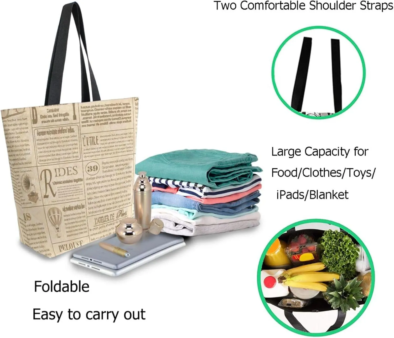 Extra Large Shoulder Grocery Tote Bag, Retro Old Newspapers Pattern Canvas Durable Daily Handle Bag Reusable for Gym Weekender Picnic Yoga Beach Travel Kitchen Market Shopping
