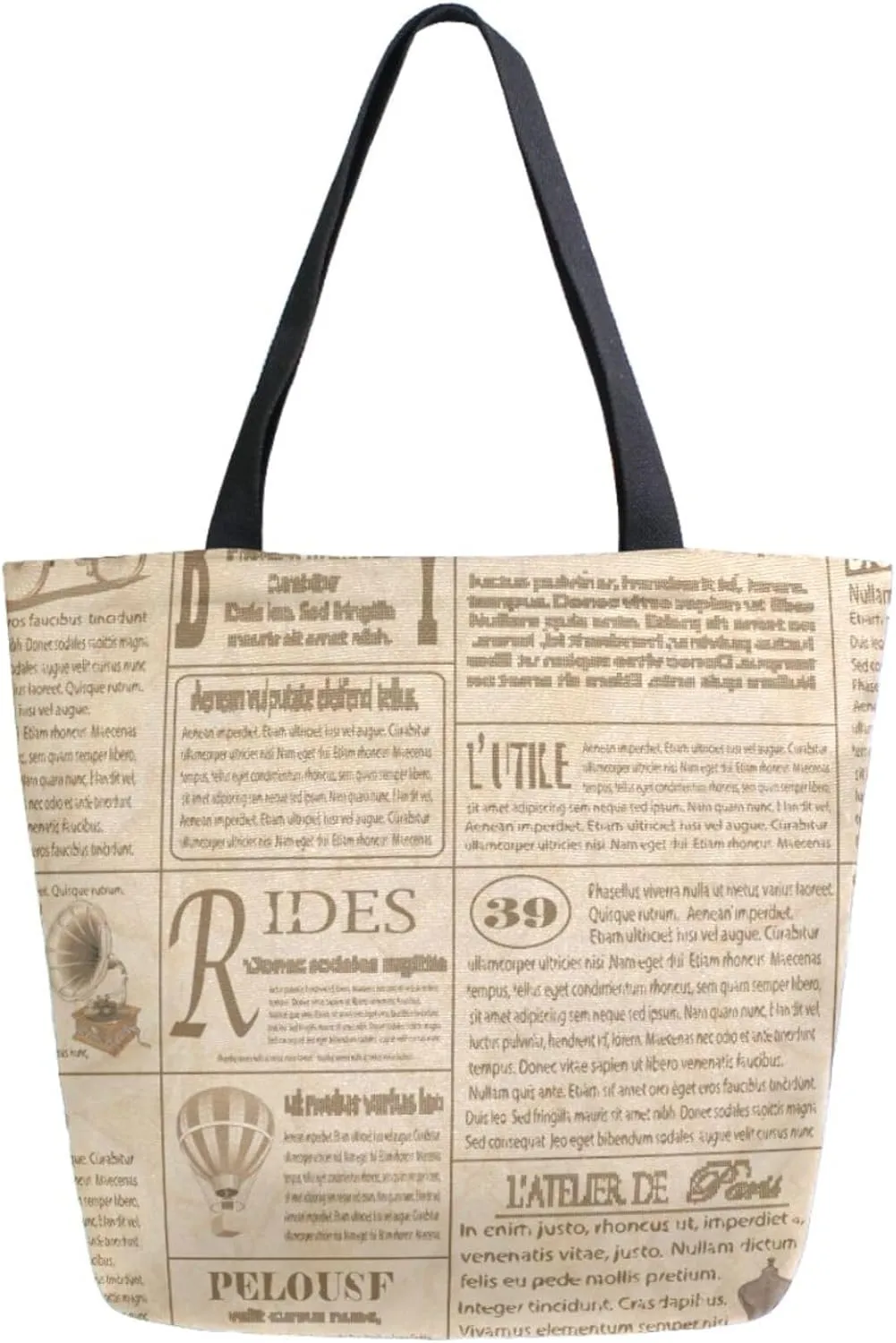 Extra Large Shoulder Grocery Tote Bag, Retro Old Newspapers Pattern Canvas Durable Daily Handle Bag Reusable for Gym Weekender Picnic Yoga Beach Travel Kitchen Market Shopping