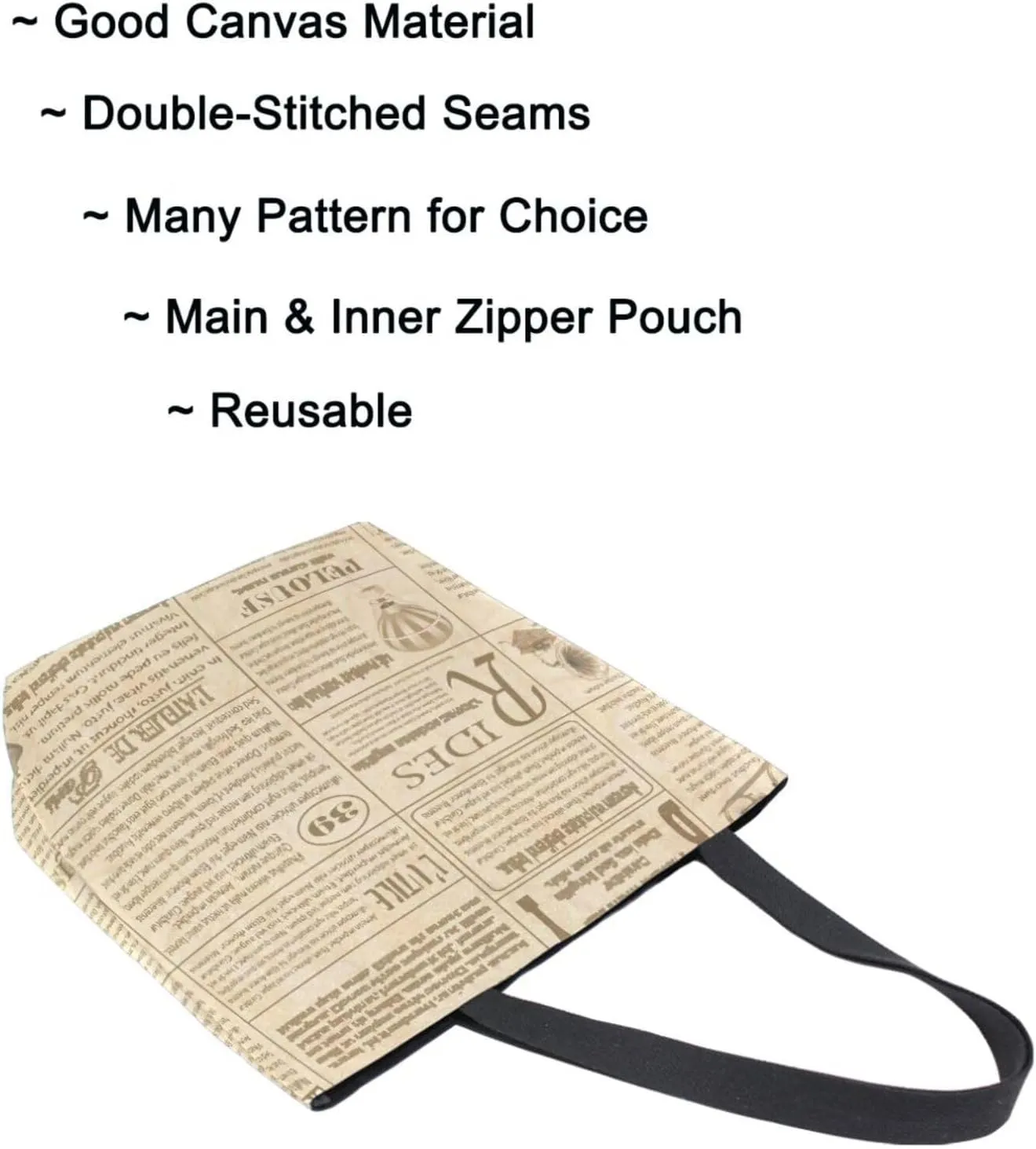 Extra Large Shoulder Grocery Tote Bag, Retro Old Newspapers Pattern Canvas Durable Daily Handle Bag Reusable for Gym Weekender Picnic Yoga Beach Travel Kitchen Market Shopping
