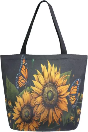 Extra Large Shoulder Grocery Tote Bag, Retro Sunflower Butterfly Black Canvas Durable Daily Handle Bag Reusable for Gym Weekender Picnic Yoga Beach Travel Kitchen Market Shopping