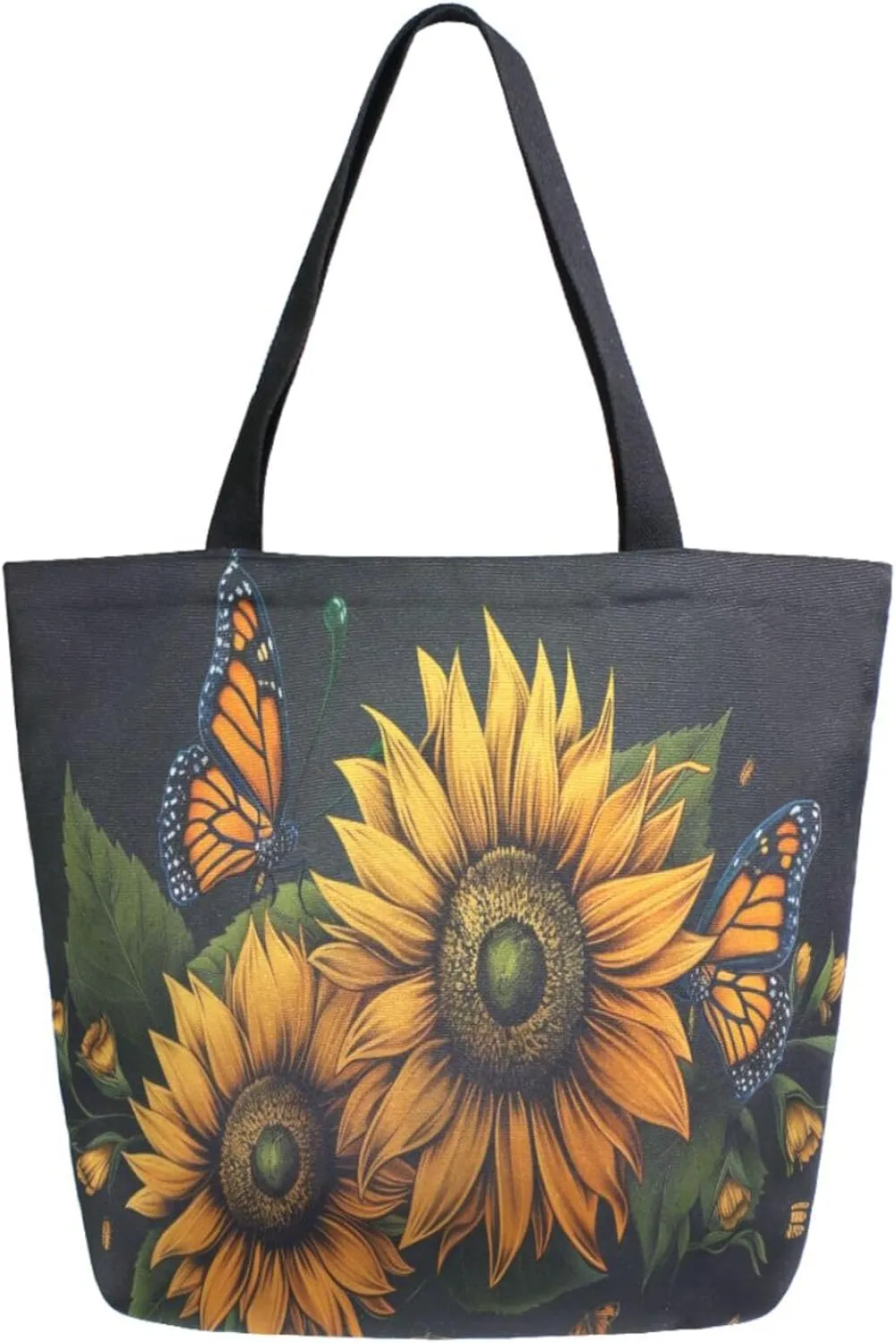 Extra Large Shoulder Grocery Tote Bag, Retro Sunflower Butterfly Black Canvas Durable Daily Handle Bag Reusable for Gym Weekender Picnic Yoga Beach Travel Kitchen Market Shopping