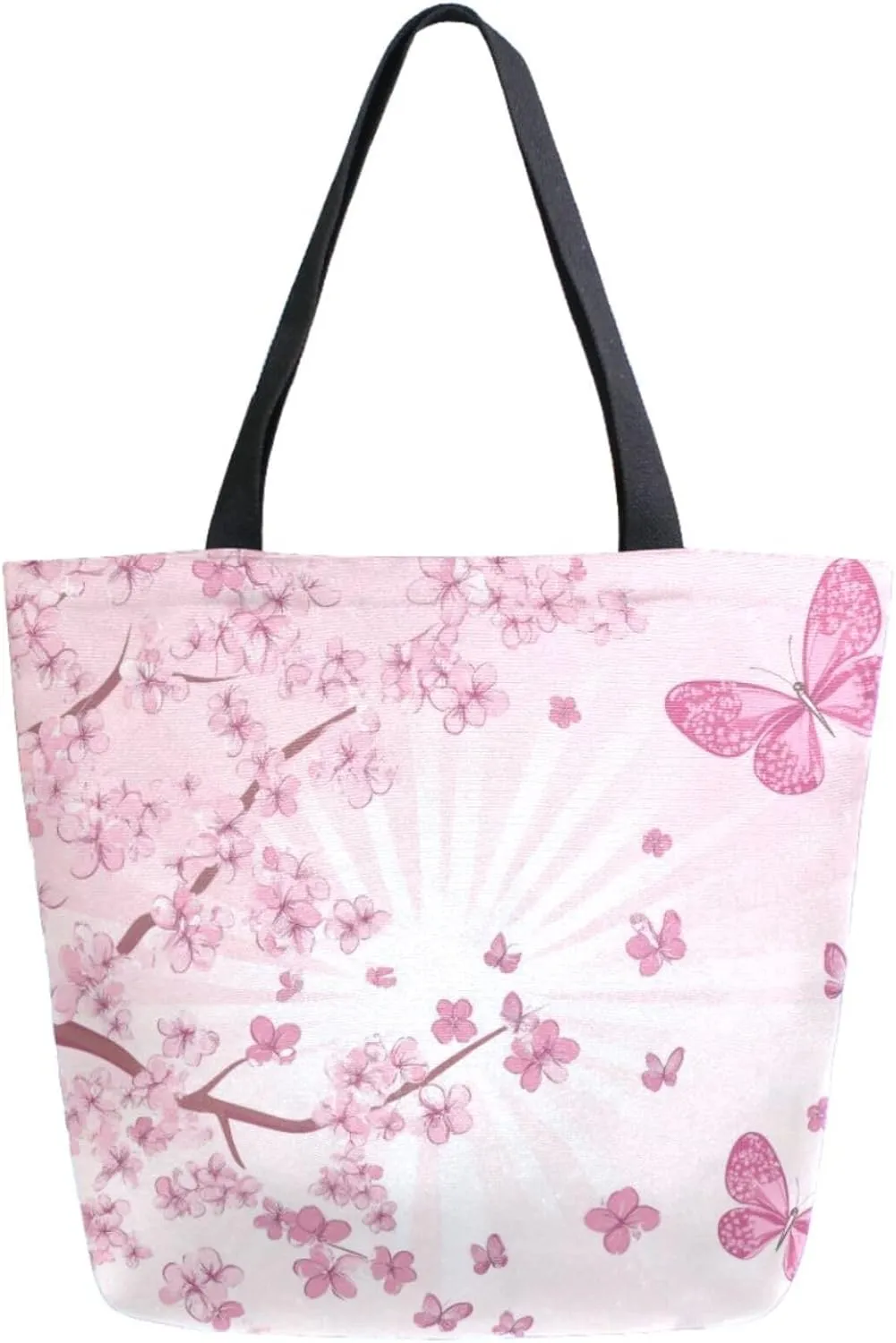 Extra Large Shoulder Grocery Tote Bag, Spring Cherry Blossoms Flying Butterflies Canvas Durable Daily Handle Bag Reusable for Gym Weekender Picnic Yoga Beach Travel Kitchen Market Shopping