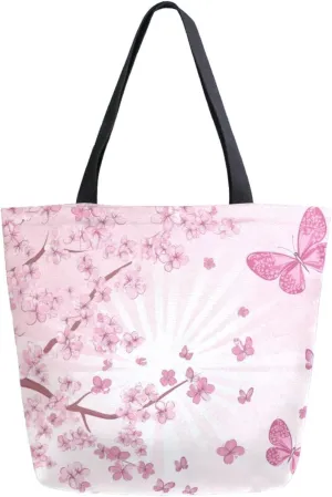 Extra Large Shoulder Grocery Tote Bag, Spring Cherry Blossoms Flying Butterflies Canvas Durable Daily Handle Bag Reusable for Gym Weekender Picnic Yoga Beach Travel Kitchen Market Shopping