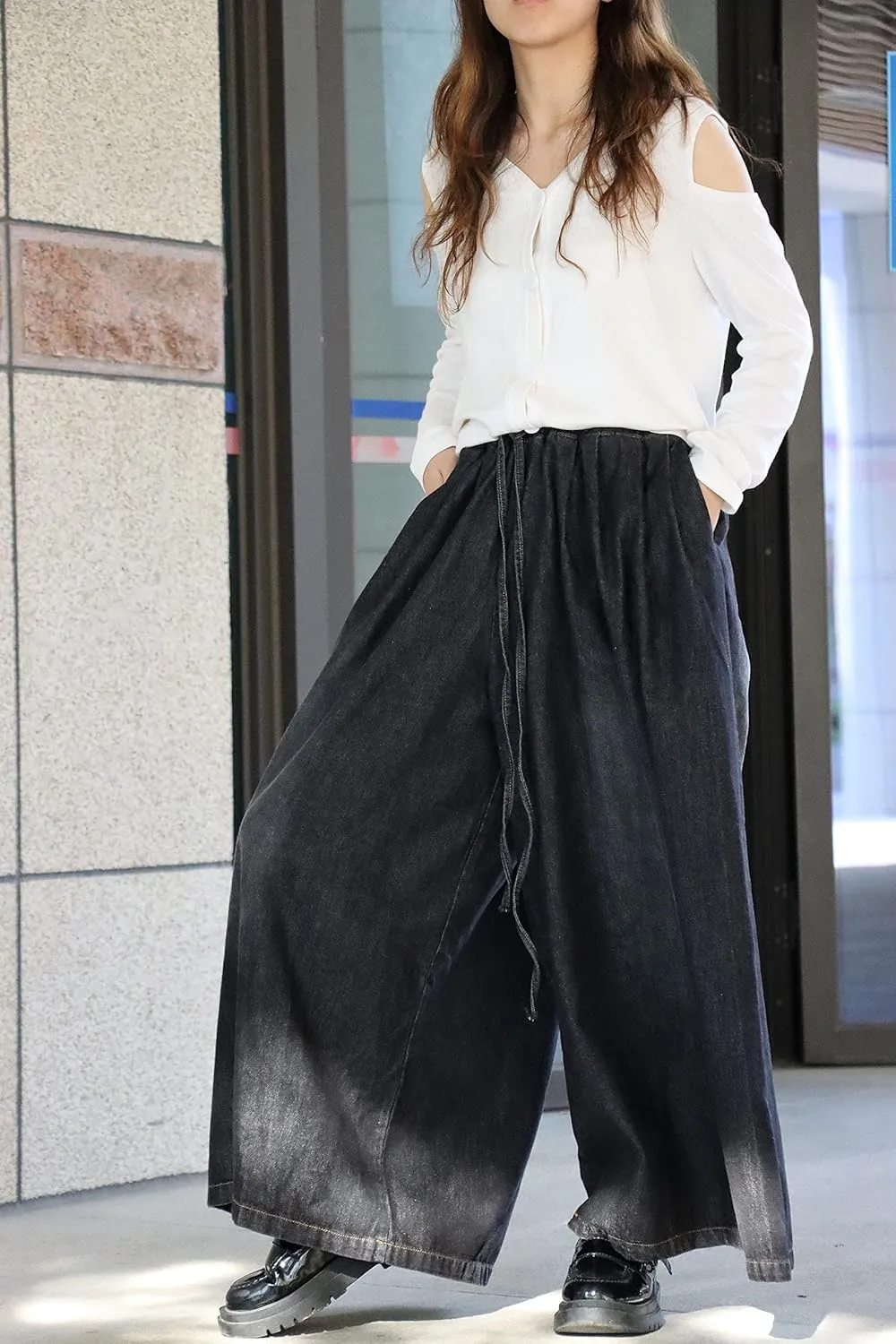 Extra Wide Leg Denim Pants for Women Long Jeans Elastic Waist with Pockets Plus Size Loose Casual