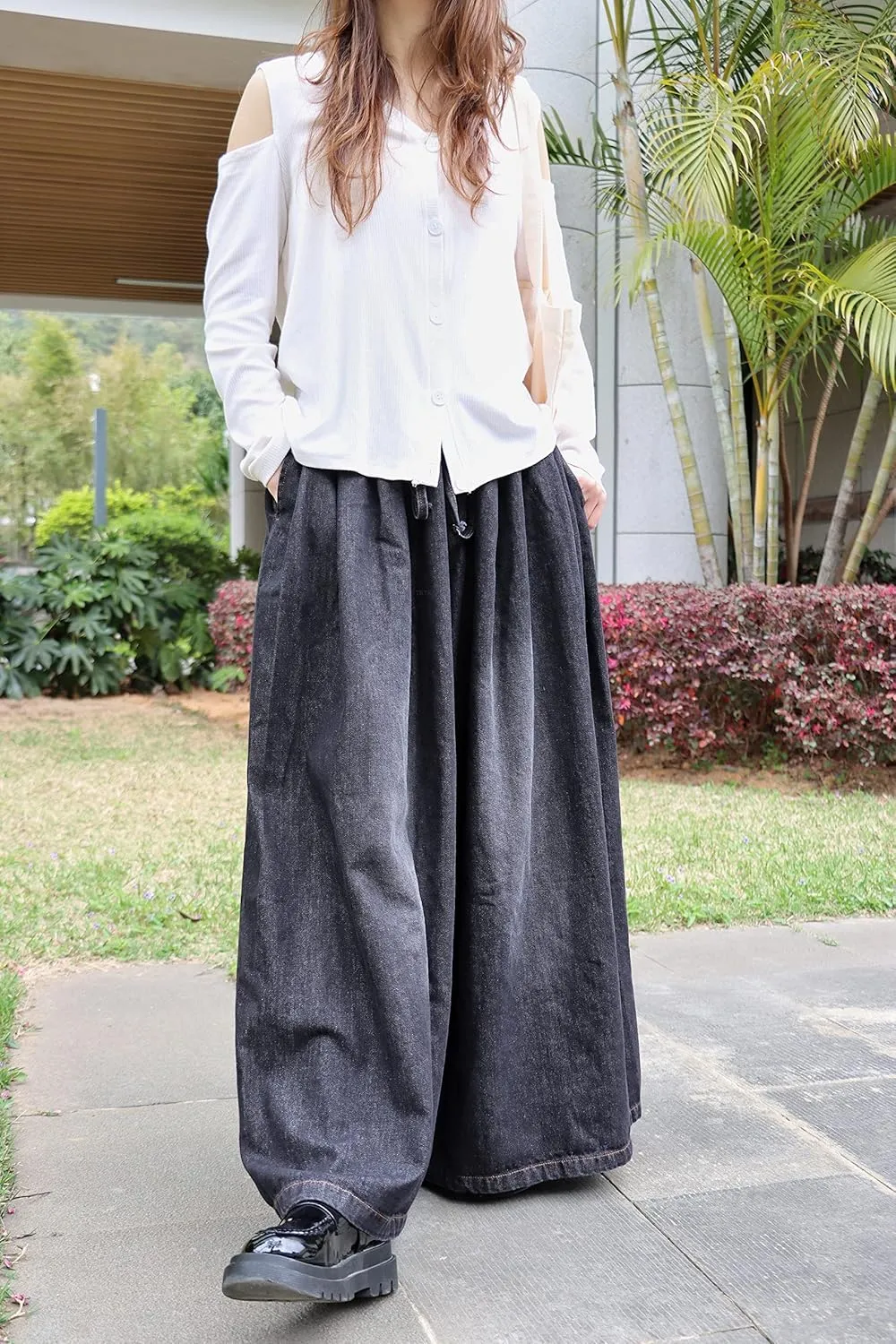 Extra Wide Leg Denim Pants for Women Long Jeans Elastic Waist with Pockets Plus Size Loose Casual