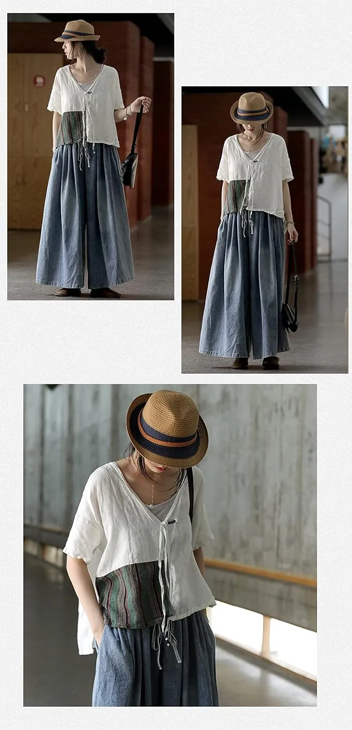 Extra Wide Leg Denim Pants for Women Long Jeans Elastic Waist with Pockets Plus Size Loose Casual