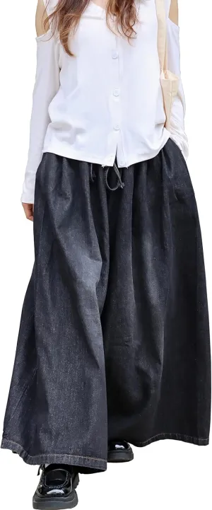 Extra Wide Leg Denim Pants for Women Long Jeans Elastic Waist with Pockets Plus Size Loose Casual