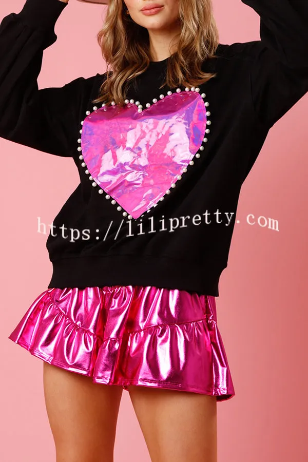 Fashionable Love Pattern Pearl Round Neck Pullover Sweatshirt