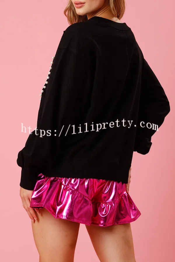 Fashionable Love Pattern Pearl Round Neck Pullover Sweatshirt
