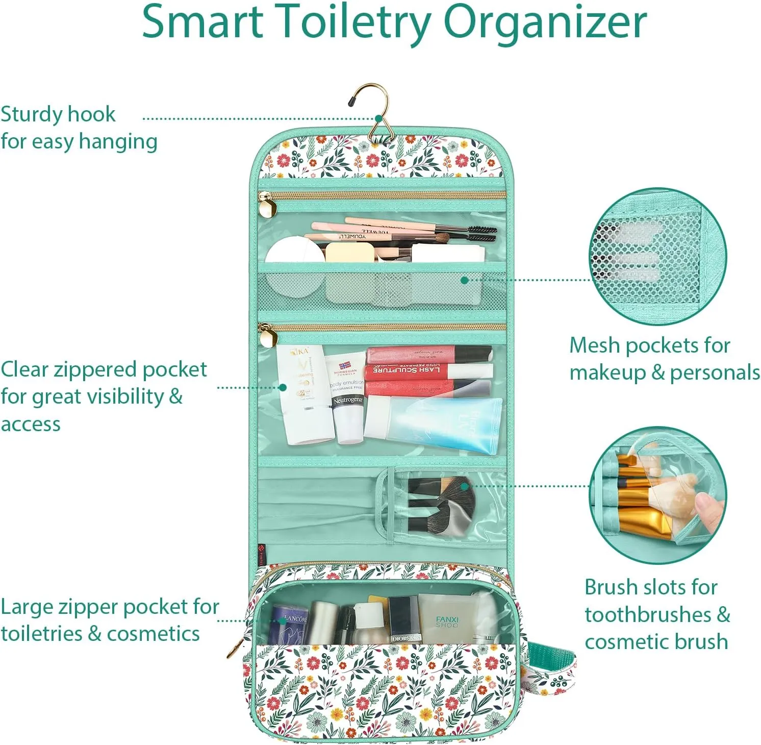 Fintie Portable Toiletry Cosmetic Travel Bag, Large Water Resistant Hanging Makeup Organizer Storage Pouch Case for Women Girls, Spring