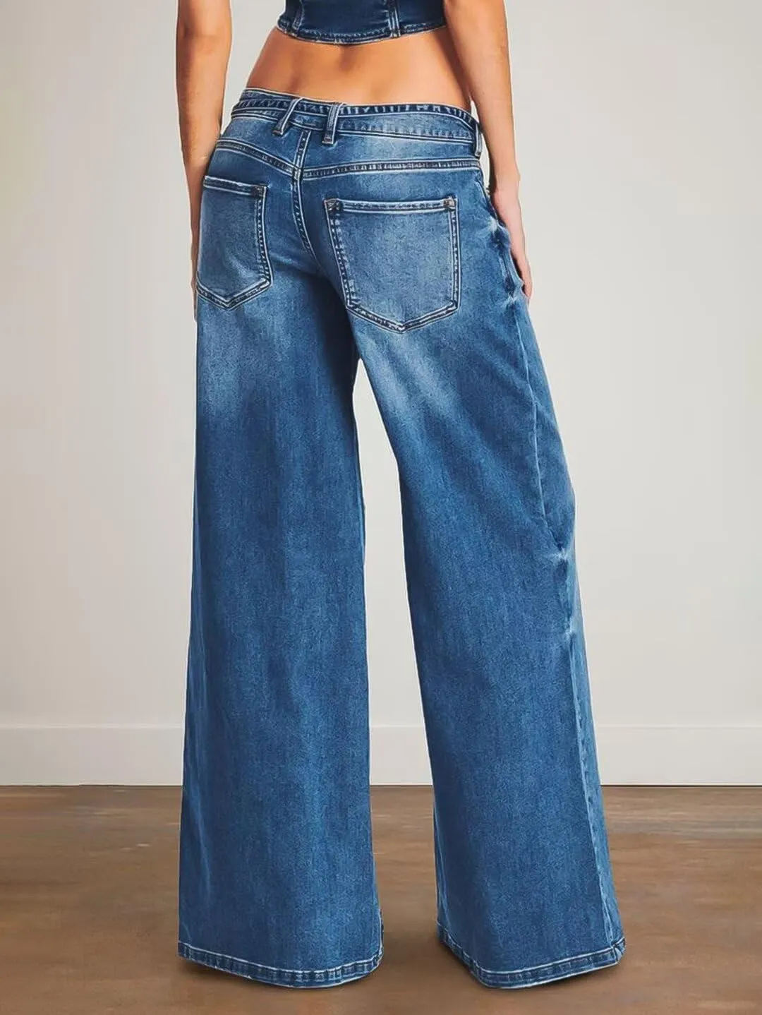 Flamingals Wide Leg Low Rise Casual Belt Stitch Detail Denim Pants