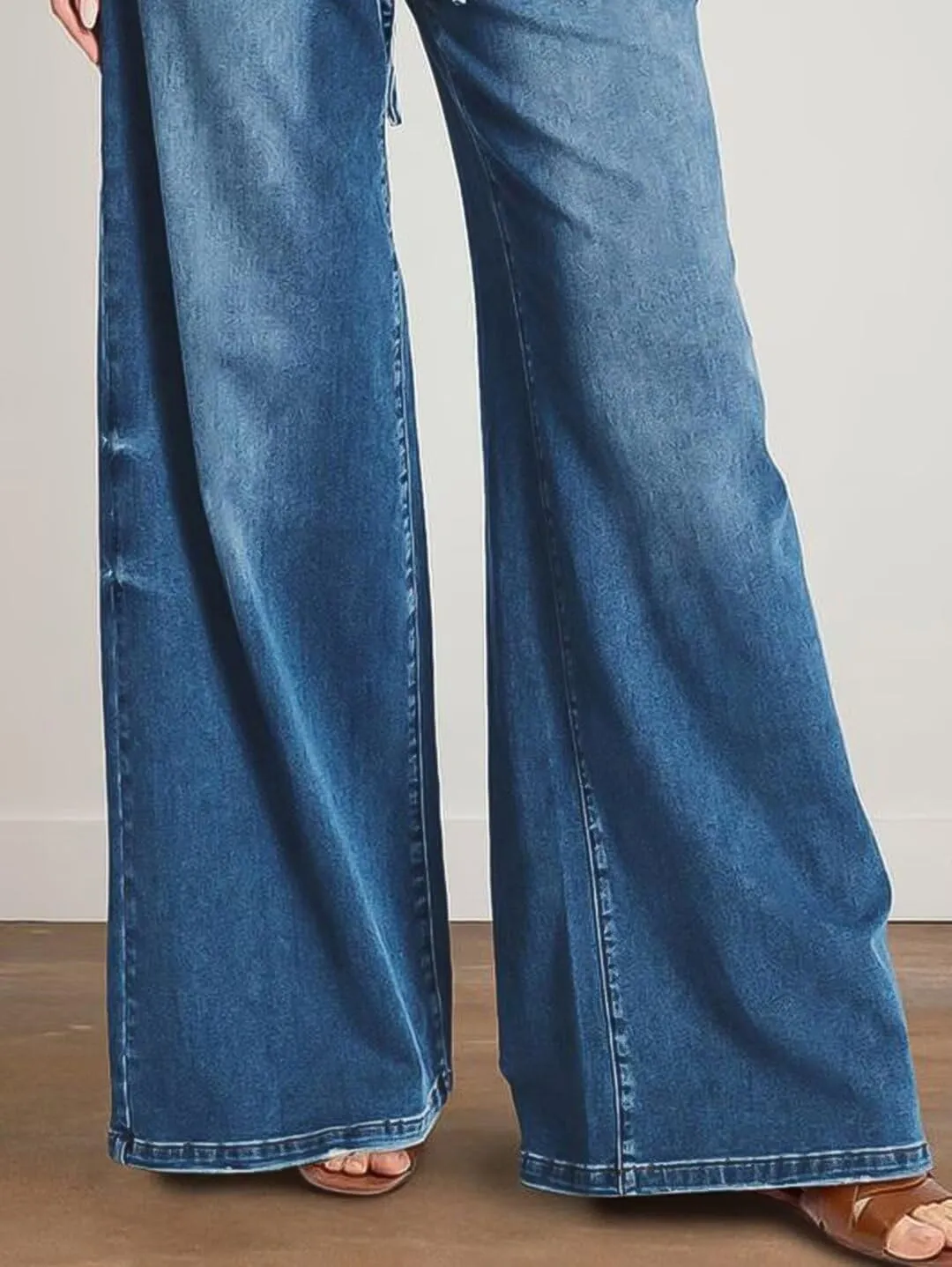 Flamingals Wide Leg Low Rise Casual Belt Stitch Detail Denim Pants