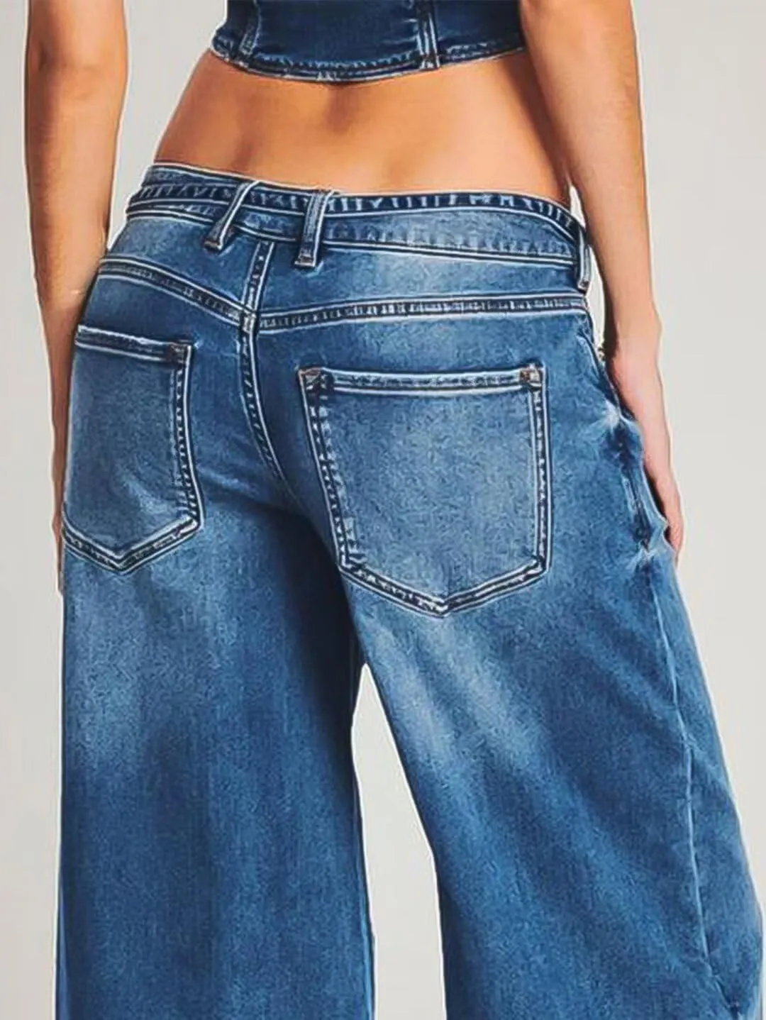 Flamingals Wide Leg Low Rise Casual Belt Stitch Detail Denim Pants