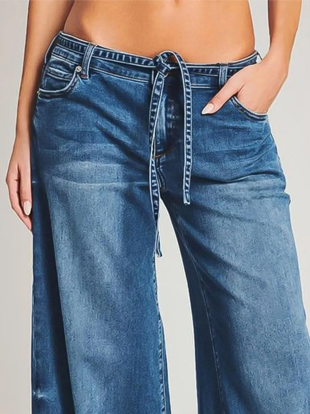 Flamingals Wide Leg Low Rise Casual Belt Stitch Detail Denim Pants