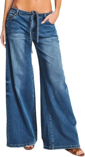 Flamingals Wide Leg Low Rise Casual Belt Stitch Detail Denim Pants