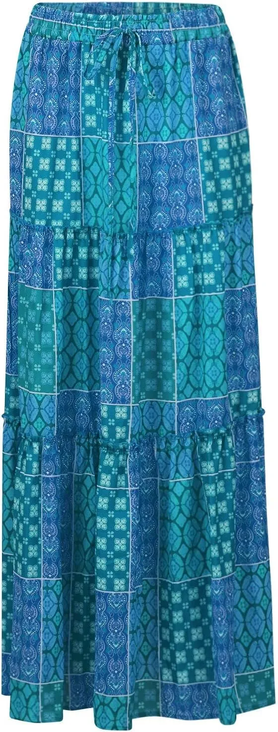 Floral Maxi Skirt with Pockets for Women 2025 Boho Flowy Drawstring Long Skirt Casual Tiered High Waisted Skirts