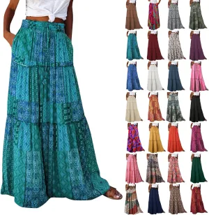 Floral Maxi Skirt with Pockets for Women 2025 Boho Flowy Drawstring Long Skirt Casual Tiered High Waisted Skirts