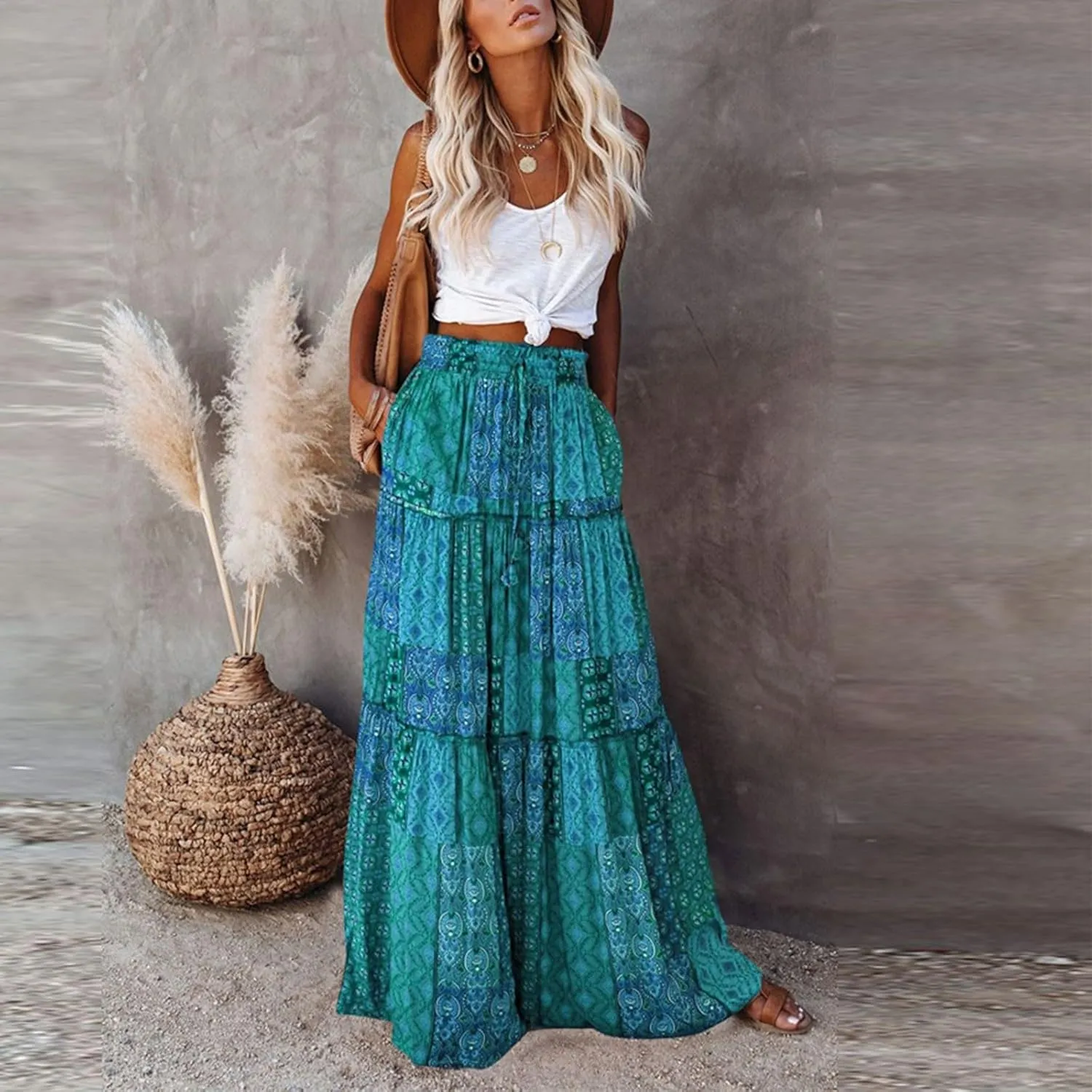 Floral Maxi Skirt with Pockets for Women 2025 Boho Flowy Drawstring Long Skirt Casual Tiered High Waisted Skirts