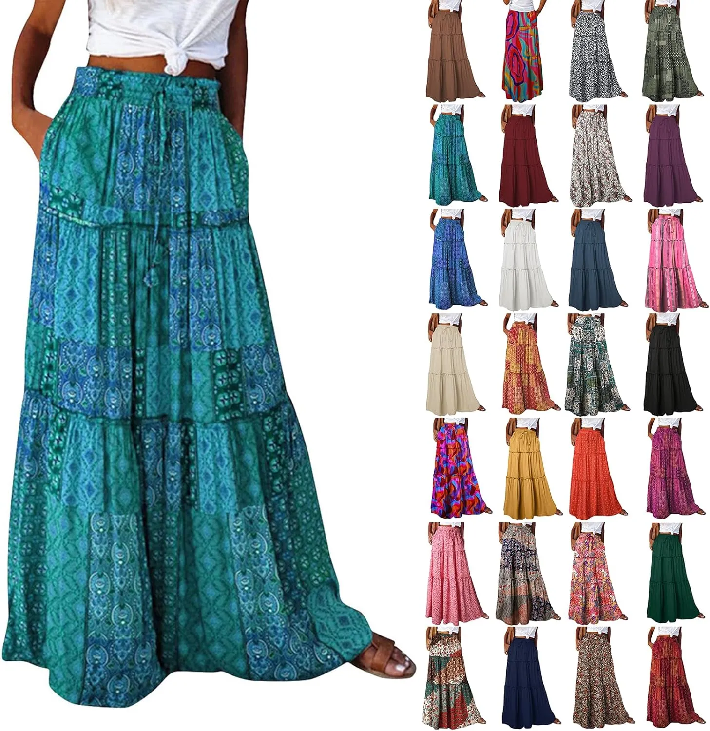 Floral Maxi Skirt with Pockets for Women 2025 Boho Flowy Drawstring Long Skirt Casual Tiered High Waisted Skirts