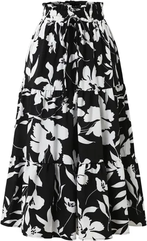 Floral Midi Skirts for Women Trendy Casual Pleated Tiered Maxi Skirt Elastic Waist Beach Boho A Line Flowy Skirt