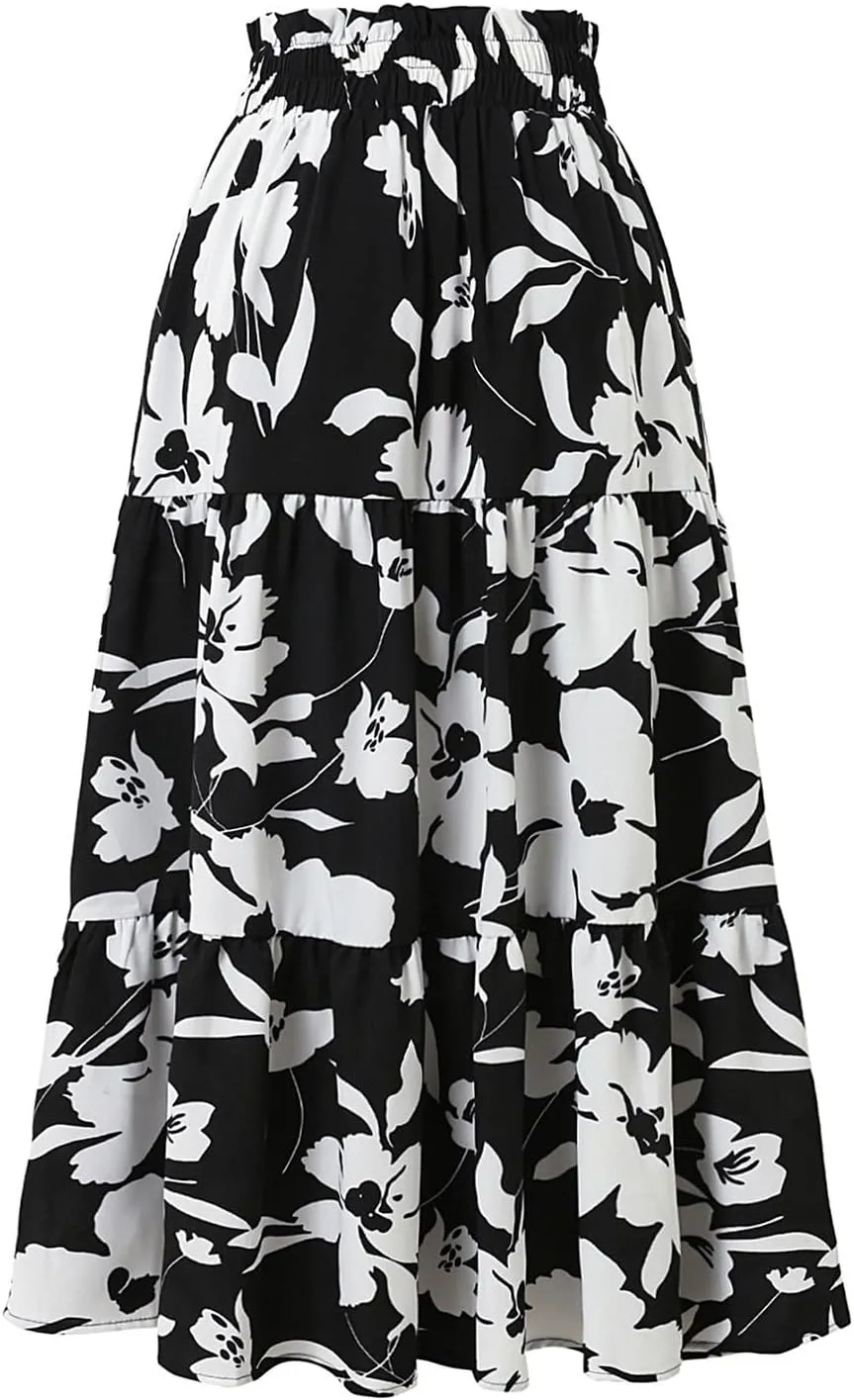 Floral Midi Skirts for Women Trendy Casual Pleated Tiered Maxi Skirt Elastic Waist Beach Boho A Line Flowy Skirt