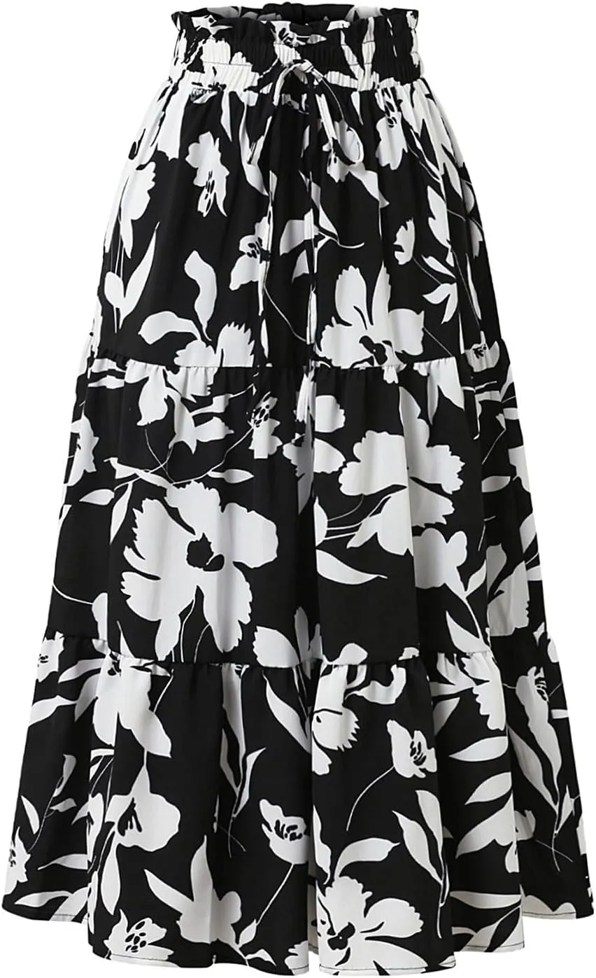 Floral Midi Skirts for Women Trendy Casual Pleated Tiered Maxi Skirt Elastic Waist Beach Boho A Line Flowy Skirt