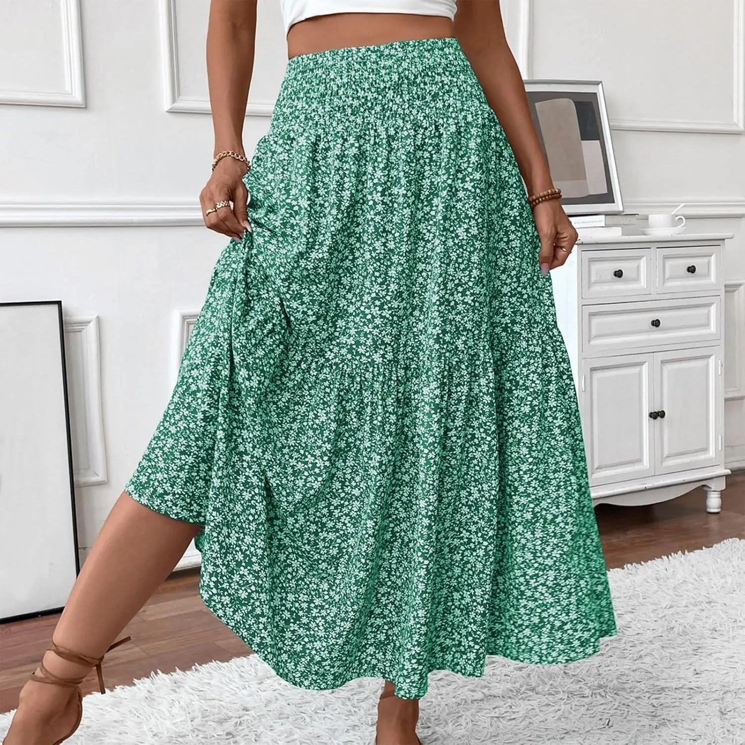 Floral Print Skirt for Womens High Waisted Elasic Cotton Bboho Skirts Casual Flowy Swing Pleated A-Line Maxi Skirt