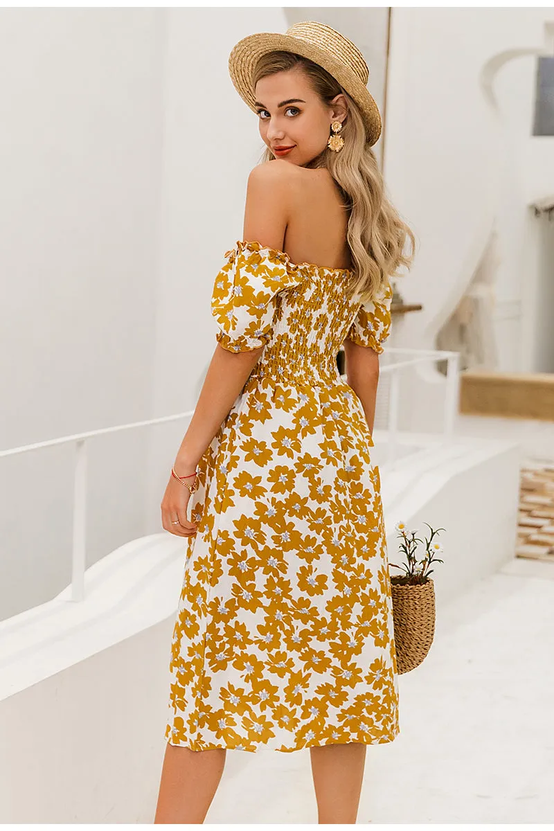 Flower Spring Puff Sleeve High Waist Ruffled A-line Midi Boho Dress