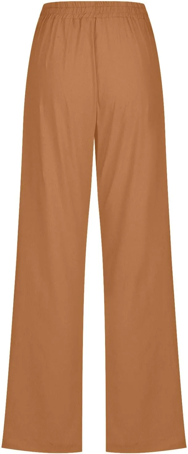 Flowy Pants for Women Elastic Waist Wide Leg Trousers Lightweight Linen Blend Casual Spring and Summer Beachwear