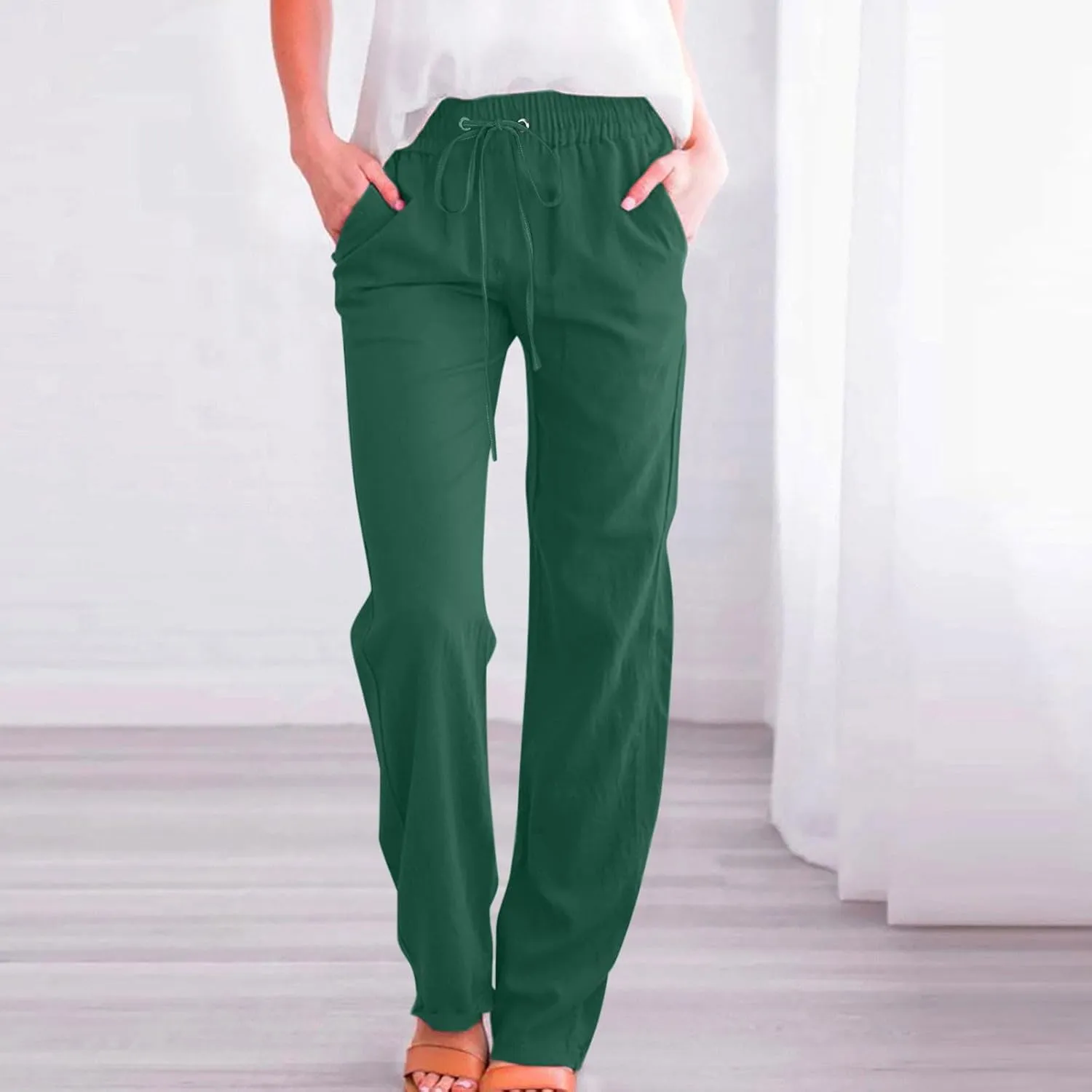 Flowy Pants for Women Elastic Waist Wide Leg Trousers Lightweight Linen Blend Casual Spring and Summer Beachwear
