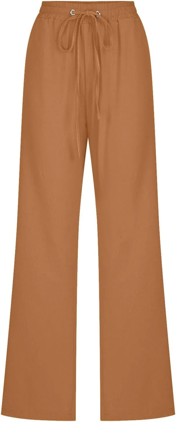 Flowy Pants for Women Elastic Waist Wide Leg Trousers Lightweight Linen Blend Casual Spring and Summer Beachwear